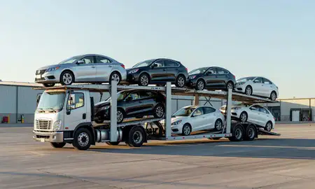 Car transporter loaded with vehicles in Laramie, Wyoming, United States