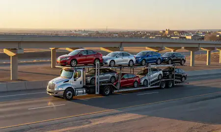 Car transporter with the Laramie, Wyoming, United States skyline behind it