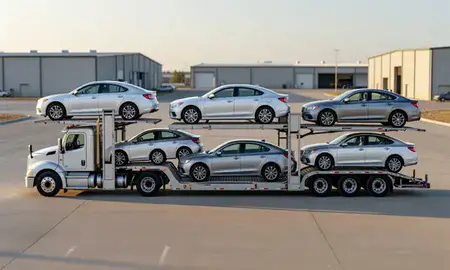 Car transporter parked in an industrial area of Mills, Wyoming, United States