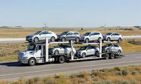 Multi-level car carrier on the highway to Newcastle, Wyoming, United States