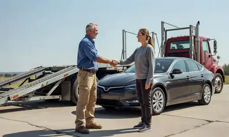 Vehicle owner beside their delivered car in Newcastle, Wyoming, United States