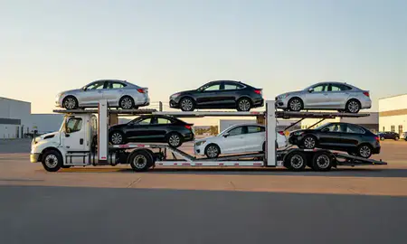 Car transporter parked in an industrial area of Newcastle, Wyoming, United States