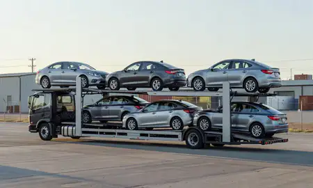 Car transporter loaded with vehicles in Newcastle, Wyoming, United States