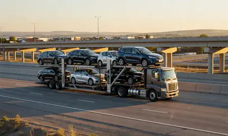 Car transporter with the Newcastle, Wyoming, United States skyline behind it