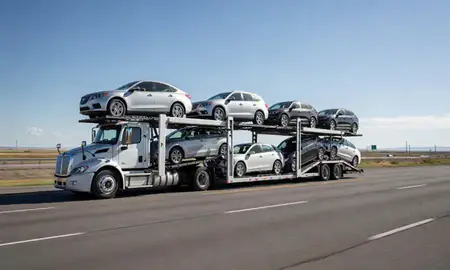 Multi-level car carrier on the highway to Powell, Wyoming, United States
