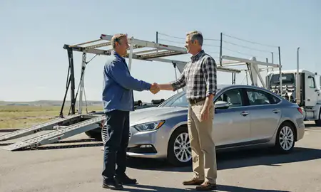 Vehicle owner beside their delivered car in Powell, Wyoming, United States