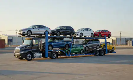 Car transporter loaded with vehicles in Powell, Wyoming, United States