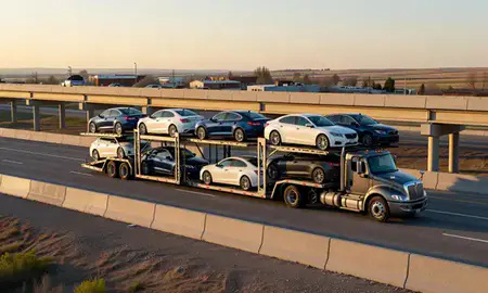Car transporter with the Powell, Wyoming, United States skyline behind it