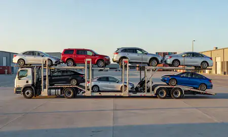 Car transporter parked in an industrial area of Ranchettes, Wyoming, United States