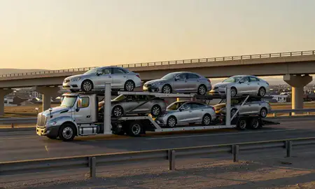 Car transporter with the Ranchettes, Wyoming, United States skyline behind it