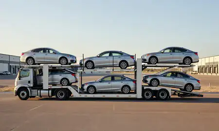 Car transporter parked in an industrial area of Rawlins, Wyoming, United States