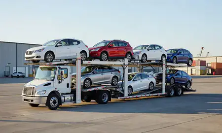 Car transporter loaded with vehicles in Rawlins, Wyoming, United States