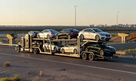 Car transporter with the Rawlins, Wyoming, United States skyline behind it