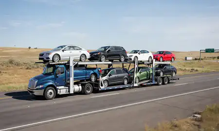 Multi-level car carrier on the highway to Riverton, Wyoming, United States