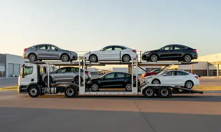 Car transporter parked in an industrial area of Riverton, Wyoming, United States