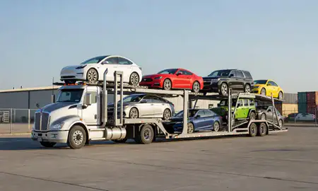 Car transporter loaded with vehicles in Riverton, Wyoming, United States