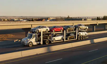 Car transporter with the Riverton, Wyoming, United States skyline behind it