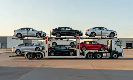 Car transporter parked in an industrial area of Rock Springs, Wyoming, United States