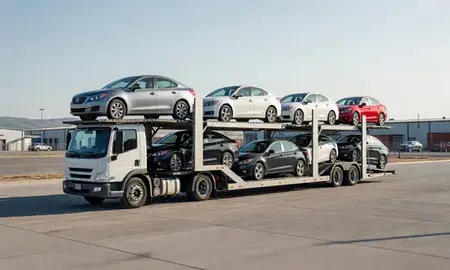 Car transporter loaded with vehicles in Rock Springs, Wyoming, United States