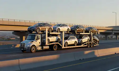 Car transporter with the Rock Springs, Wyoming, United States skyline behind it