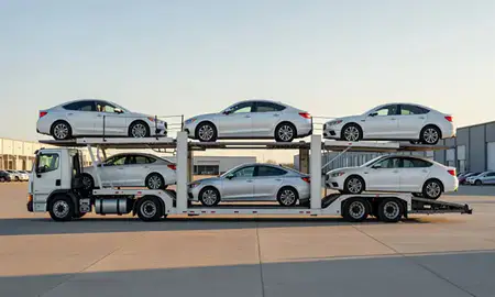 Car transporter parked in an industrial area of Sheridan, Wyoming, United States