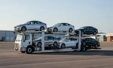 Car transporter loaded with vehicles in Sheridan, Wyoming, United States