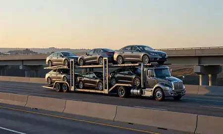 Car transporter with the Sheridan, Wyoming, United States skyline behind it