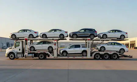Car transporter parked in an industrial area of South Greeley, Wyoming, United States