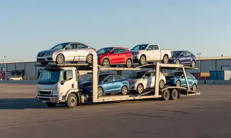 Car transporter loaded with vehicles in South Greeley, Wyoming, United States