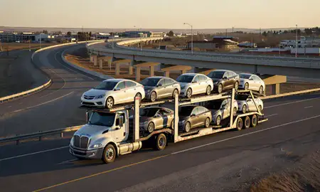 Car transporter with the South Greeley, Wyoming, United States skyline behind it