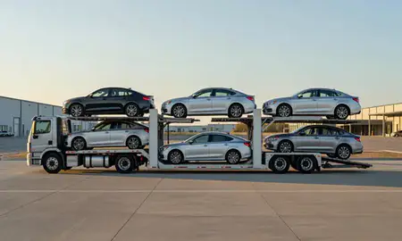 Car transporter parked in an industrial area of Thermopolis, Wyoming, United States