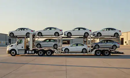Car transporter parked in an industrial area of Torrington, Wyoming, United States