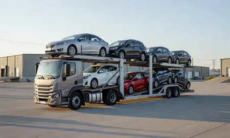 Car transporter loaded with vehicles in Torrington, Wyoming, United States
