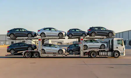 Car transporter parked in an industrial area of Warren AFB, Wyoming, United States