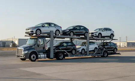Car transporter loaded with vehicles in Warren AFB, Wyoming, United States