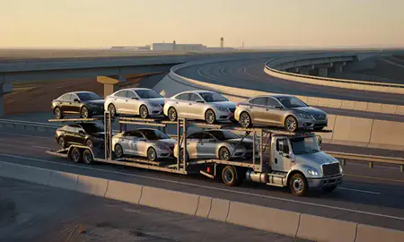 Car transporter with the Warren AFB, Wyoming, United States skyline behind it