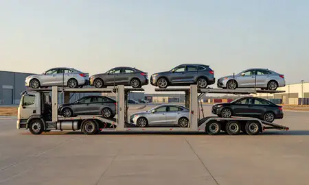 Car transporter parked in an industrial area of Wheatland, Wyoming, United States