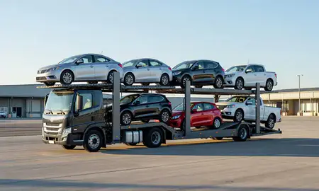 Car transporter loaded with vehicles in Wheatland, Wyoming, United States