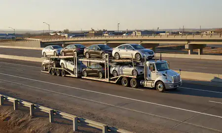 Car transporter with the Wheatland, Wyoming, United States skyline behind it
