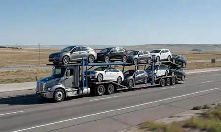 Multi-level car carrier on the highway to Worland, Wyoming, United States