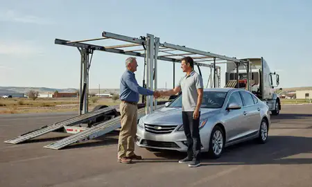 Vehicle owner beside their delivered car in Worland, Wyoming, United States