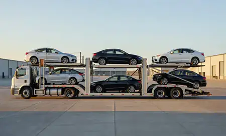 Car transporter parked in an industrial area of Worland, Wyoming, United States