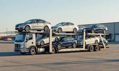 Car transporter loaded with vehicles in Worland, Wyoming, United States